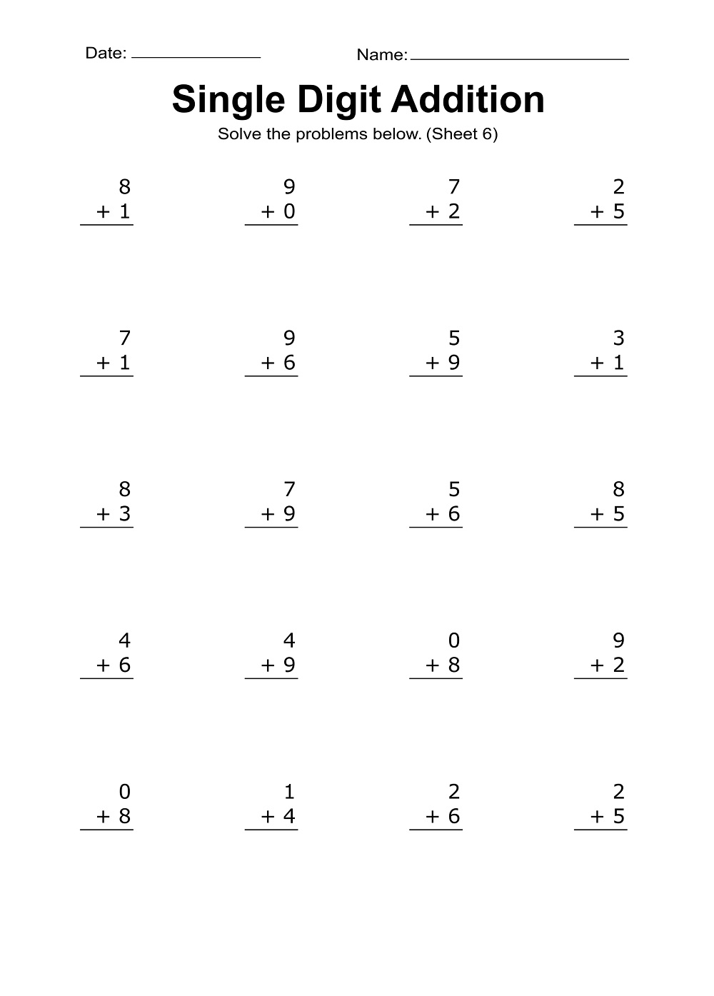 Simple Single Digit Addition Worksheet Download Print Now 