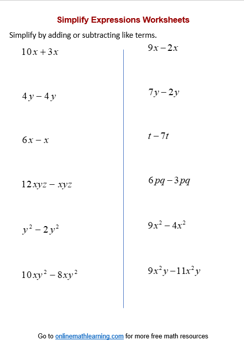 Simplify Expression Worksheets Add Subtract printable Online Simplify Expression Worksheets Add Subtract printable Online