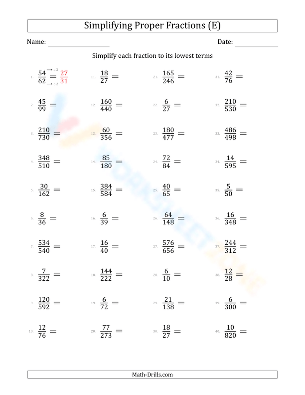 simplify fractions worksheet