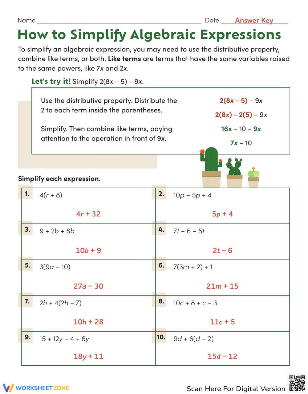 Simplifying Algebraic Expressions Worksheet Simplifying Algebraic Expressions Worksheet