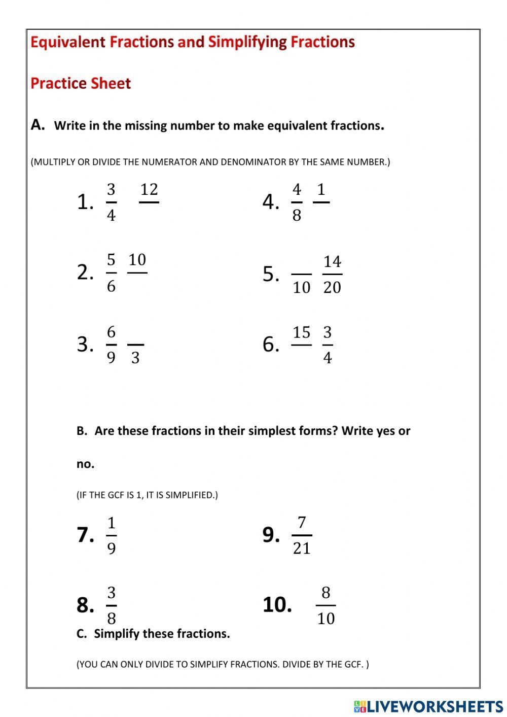 Simplifying Fractions Equivalent Fractions Worksheet Live 