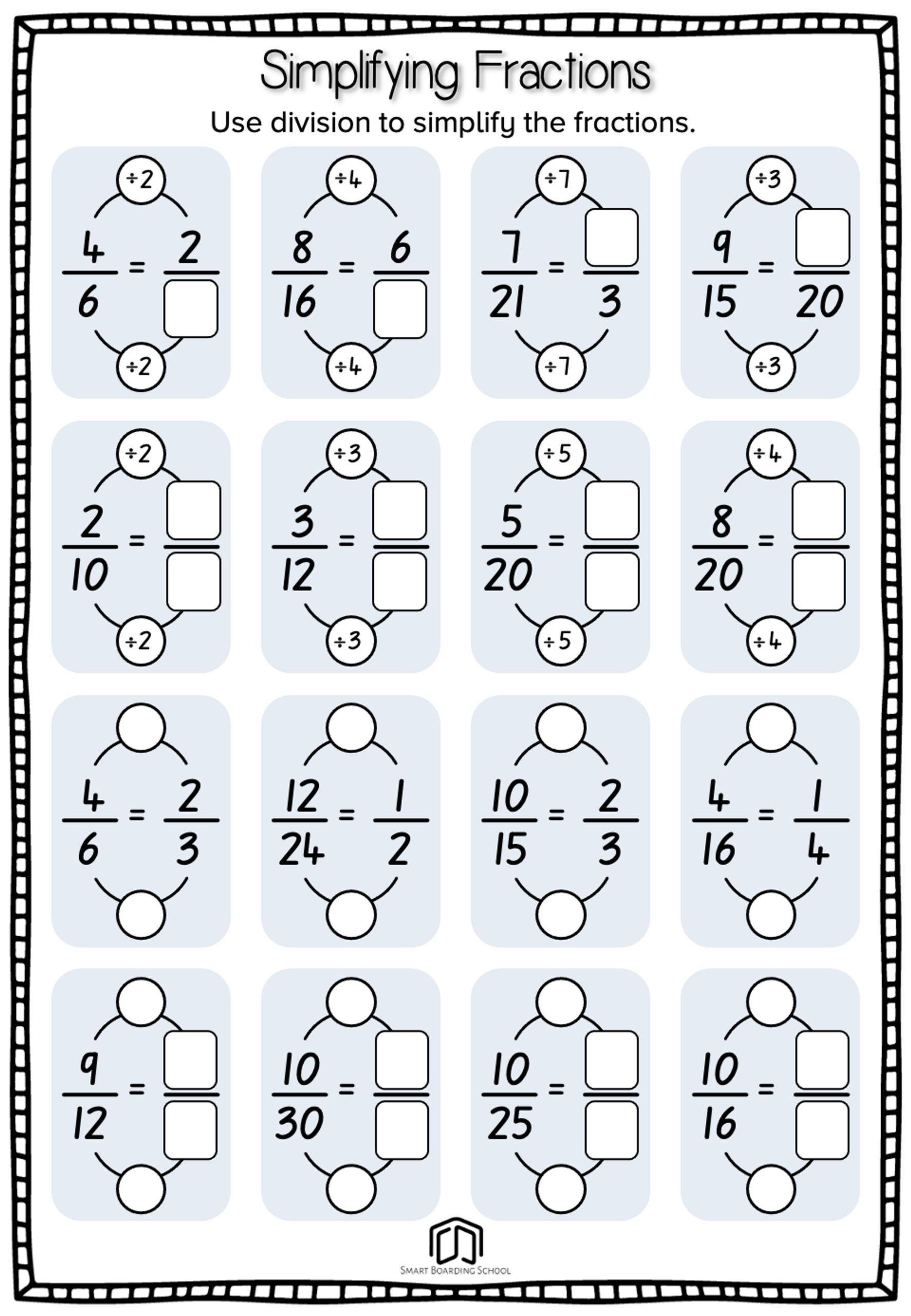 Simplifying Fractions Worksheet Printable