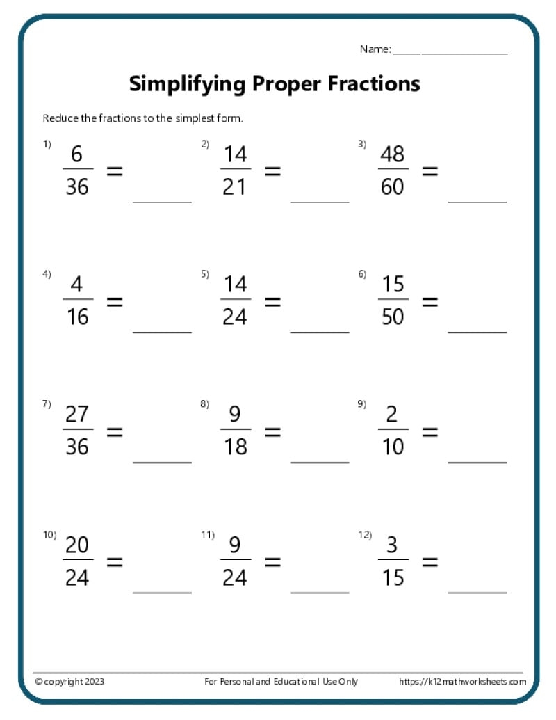 simplifying fractions worksheet