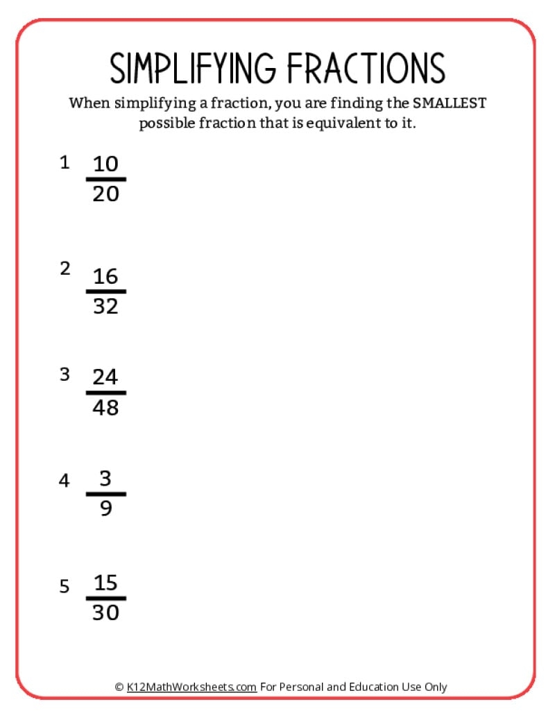 Simplifying Fractions Worksheets K12mathworksheets