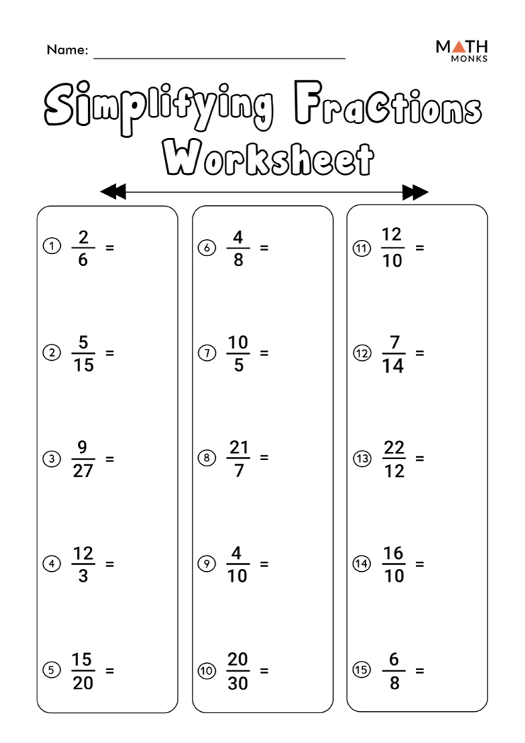 Simplifying Fractions Worksheets Math Monks