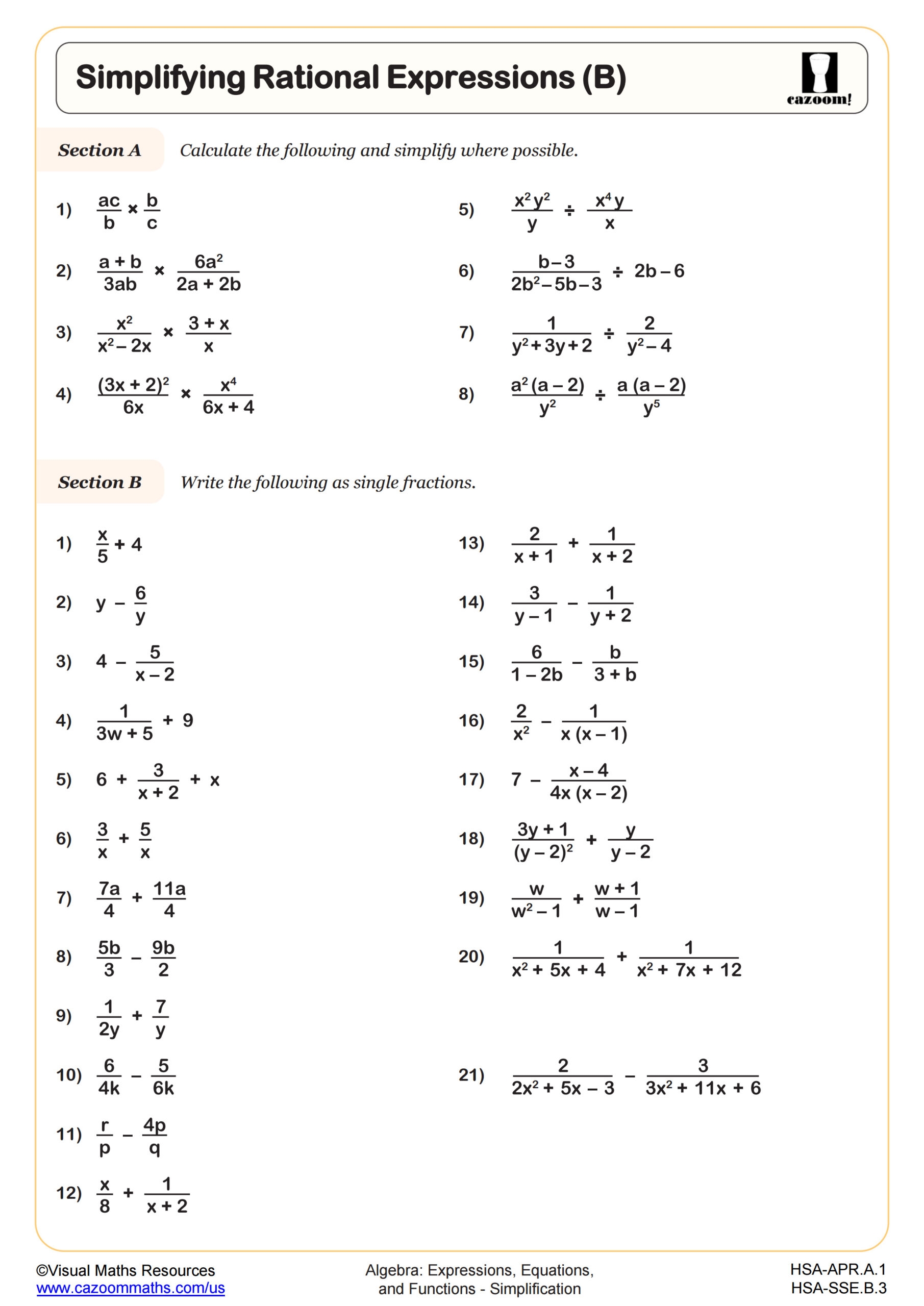 Simplifying Rational Expressions B Worksheet PDF Printable Simplifying Rational Expressions B Worksheet PDF Printable