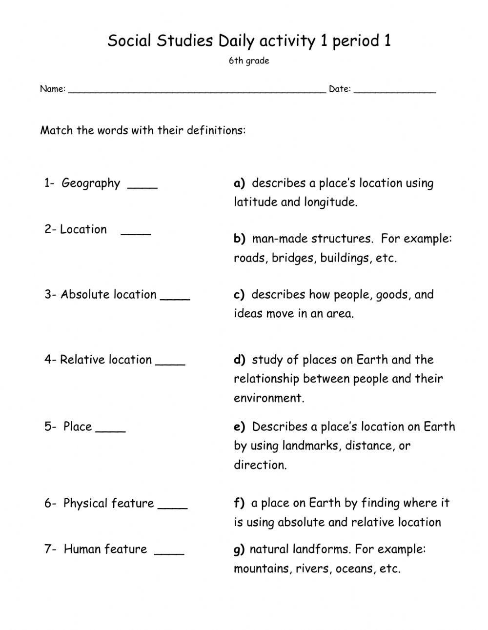 Social Studies Daily Activity 1 Period 1 Grade 6 Worksheet 