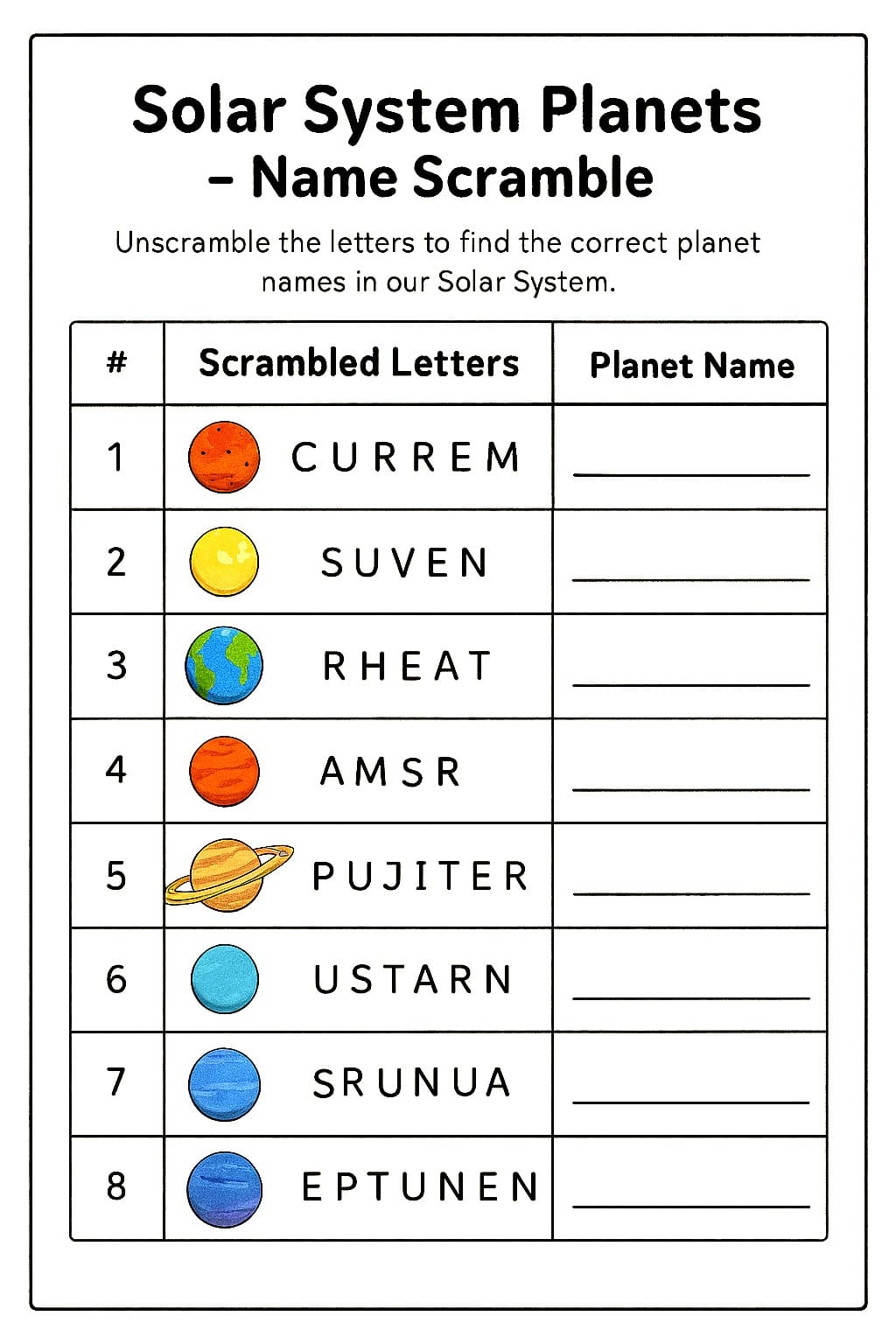 Solar System Planets Name Scramble Worksheet Download Print Now 