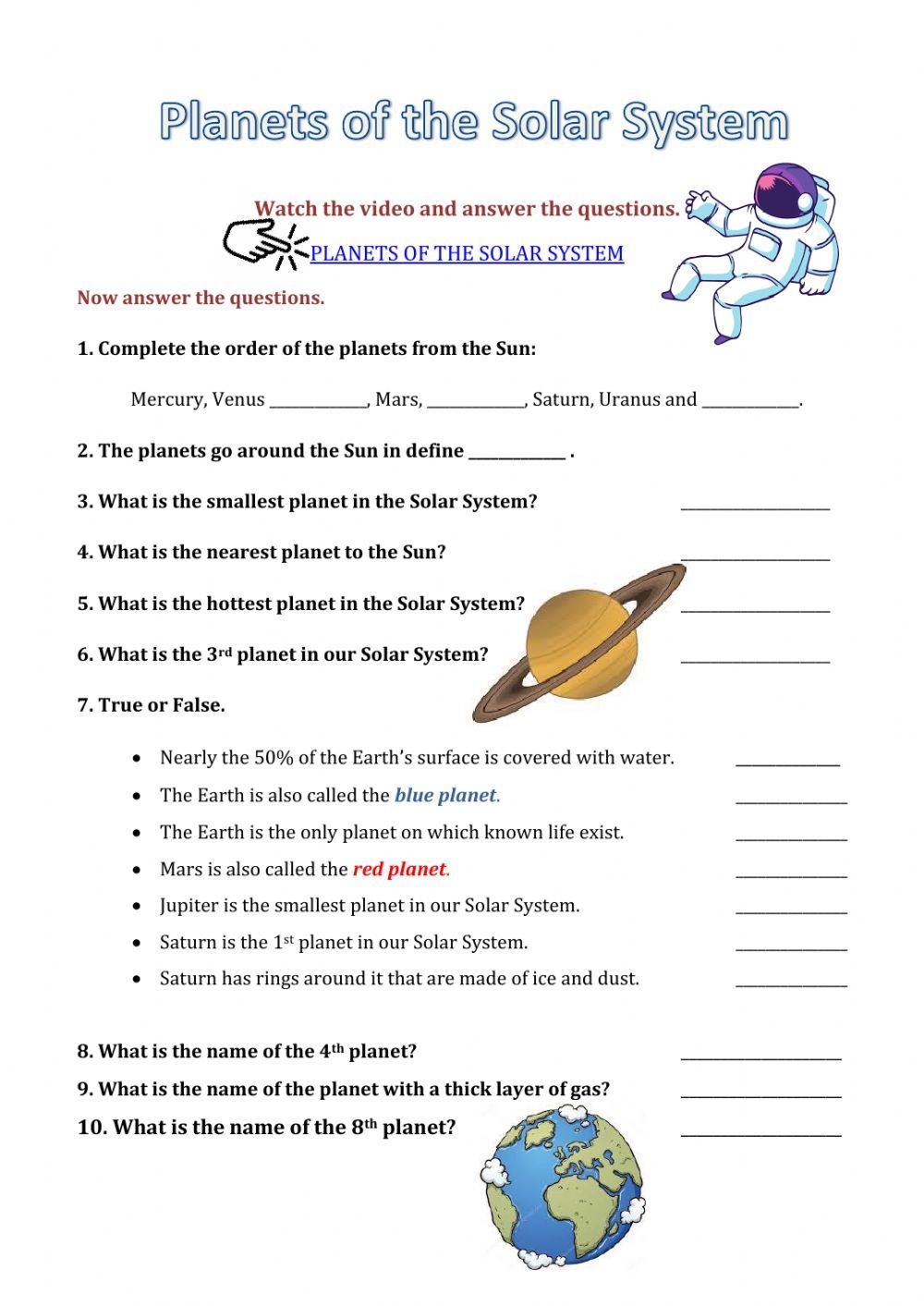 Solar System Worksheet Pdf With Answer Key