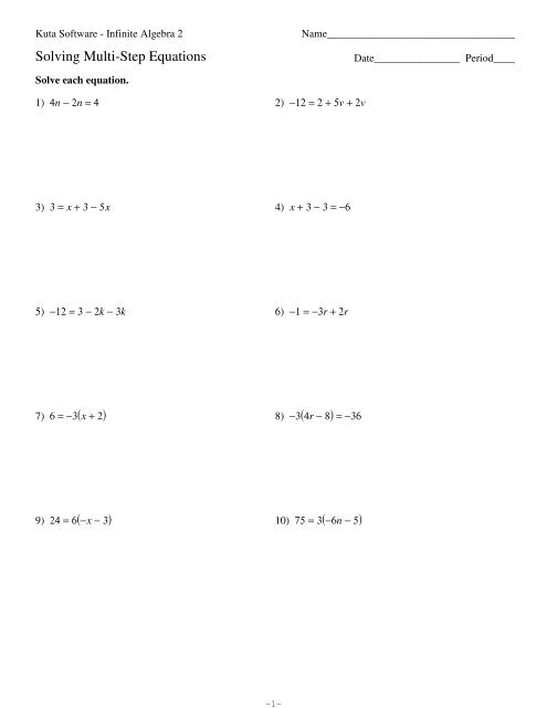 solving multi step equations worksheets pdf