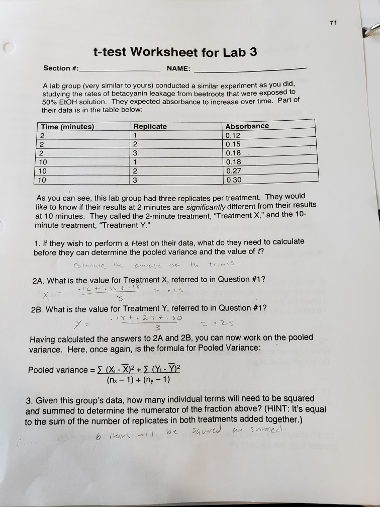 Solved 71 T test Worksheet For Lab 3 Section NAME A Lab Chegg