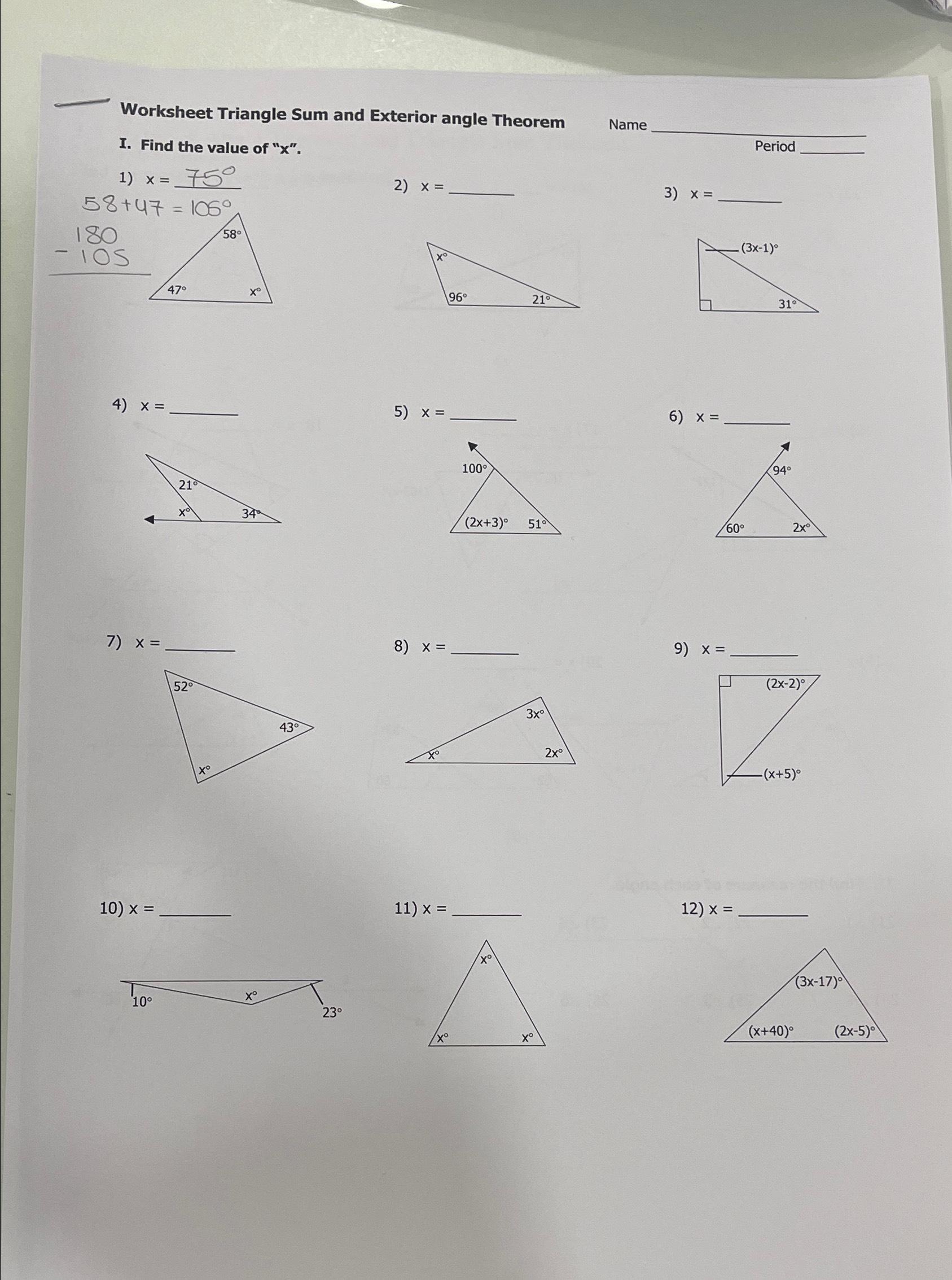 Solved Worksheet Triangle Sum And Exterior Angle TheoremI Chegg Solved Worksheet Triangle Sum And Exterior Angle TheoremI Chegg
