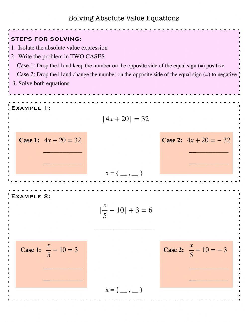 solving absolute value equations worksheet
