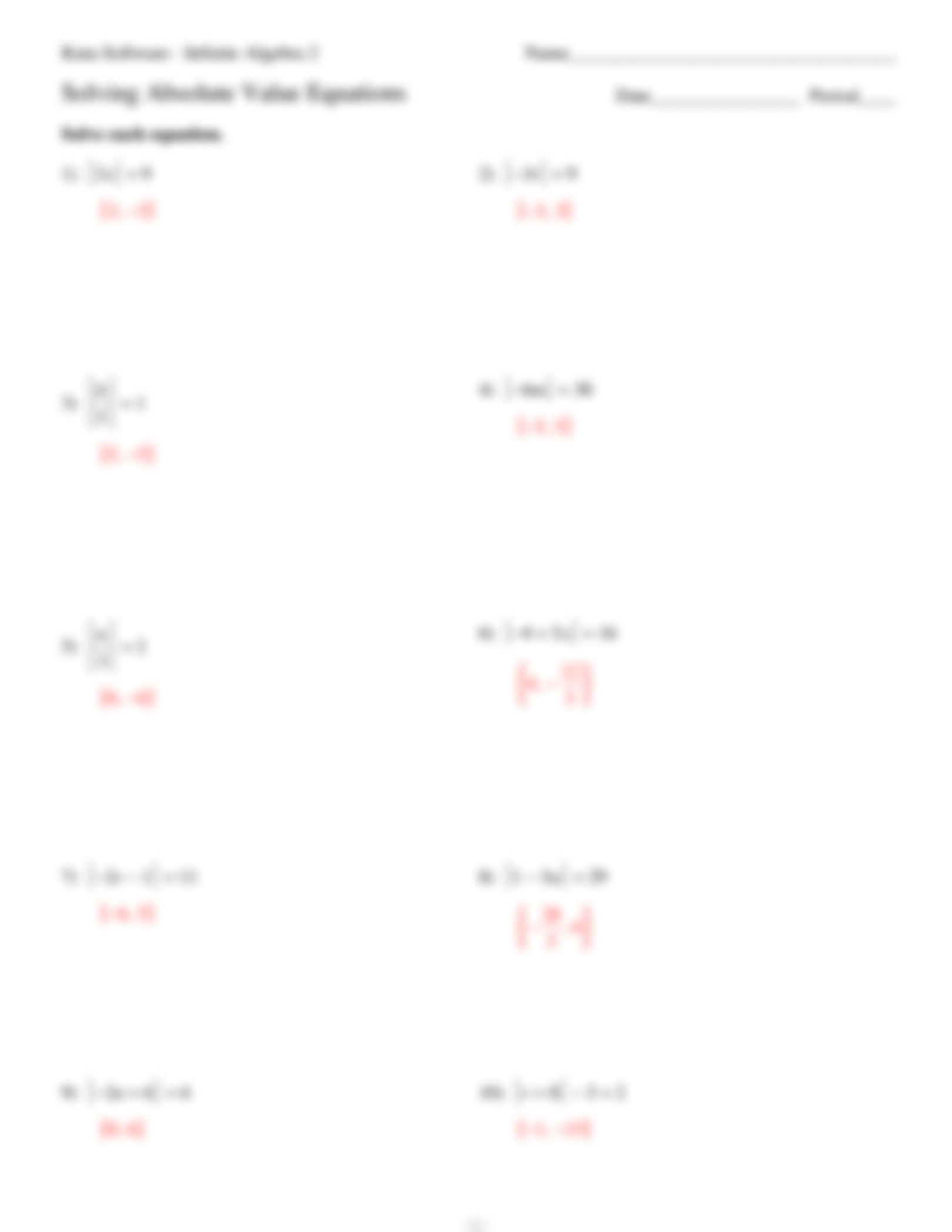 Solving Absolute Value Equations Worksheet