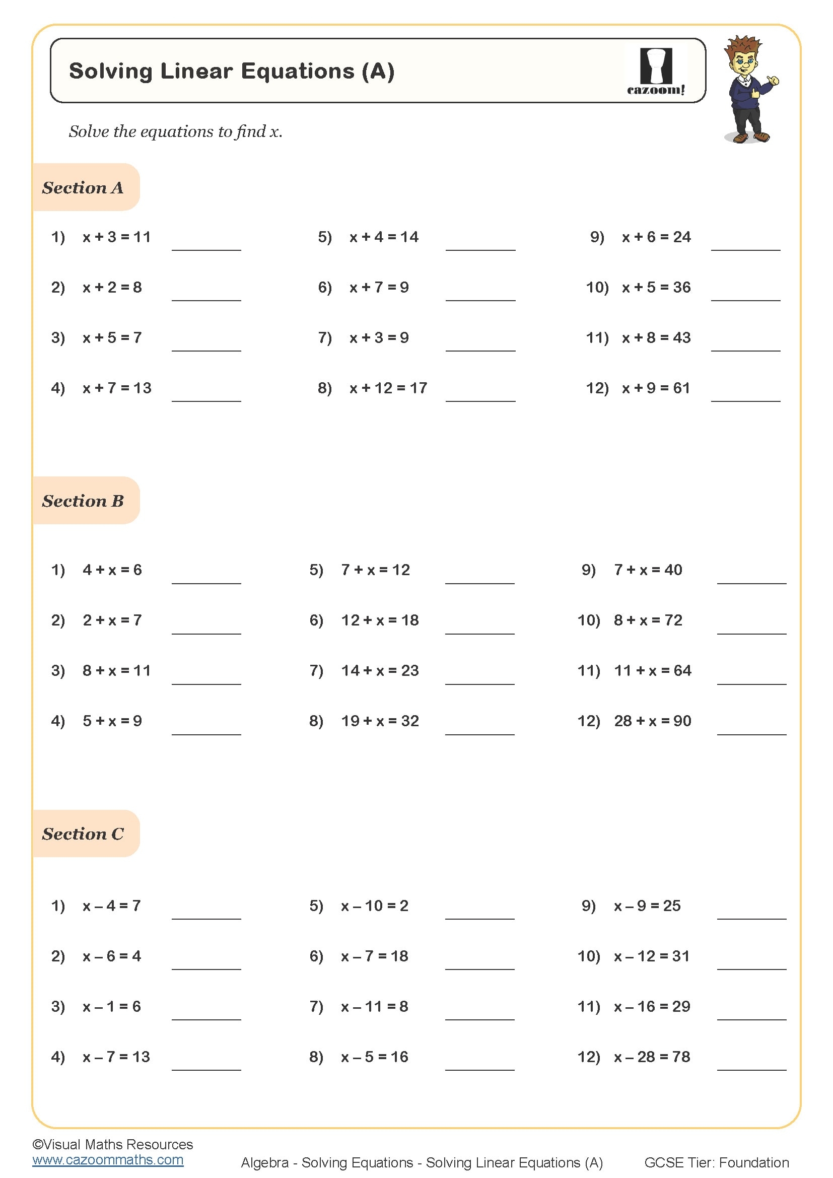 Solving Linear Equations A Worksheet Cazoom Maths Worksheets Solving Linear Equations A Worksheet Cazoom Maths Worksheets