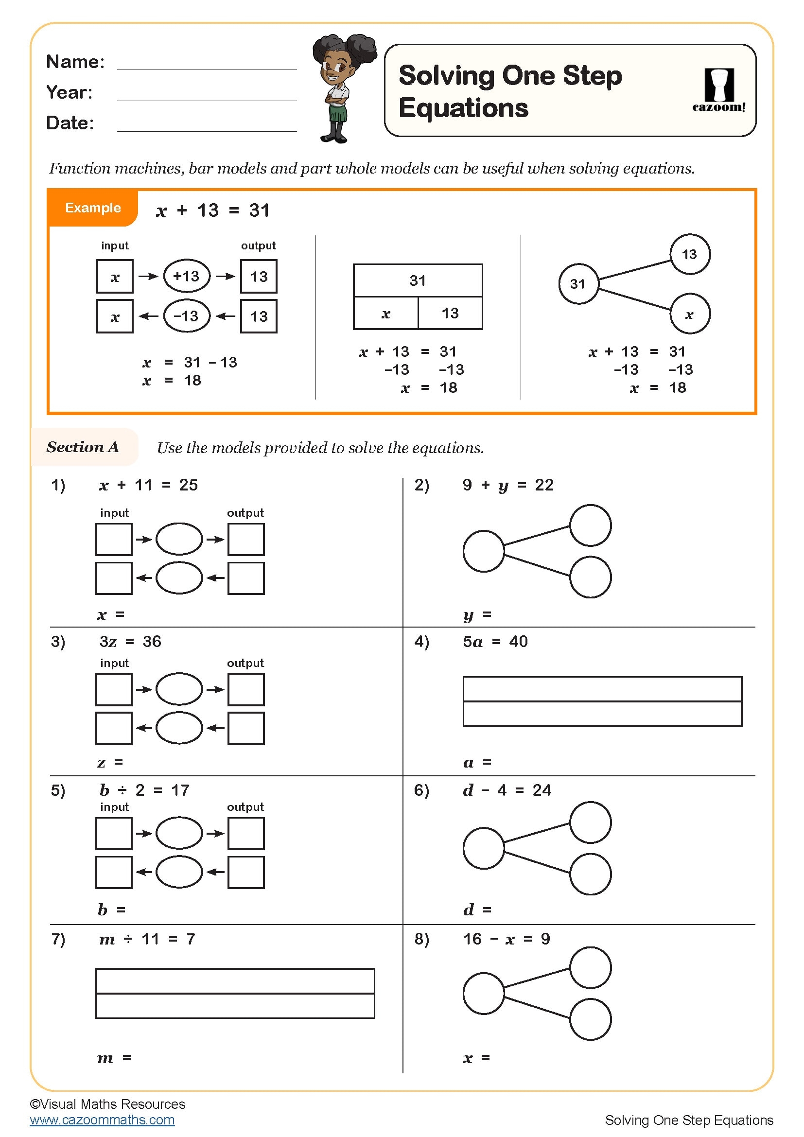 Solving One Step Equations Worksheet PDF Printable Algebra 