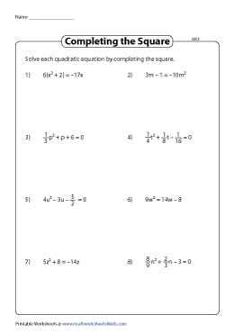 Solving Quadratic Equations By Completing The Squares Worksheets Solving Quadratic Equations By Completing The Squares Worksheets