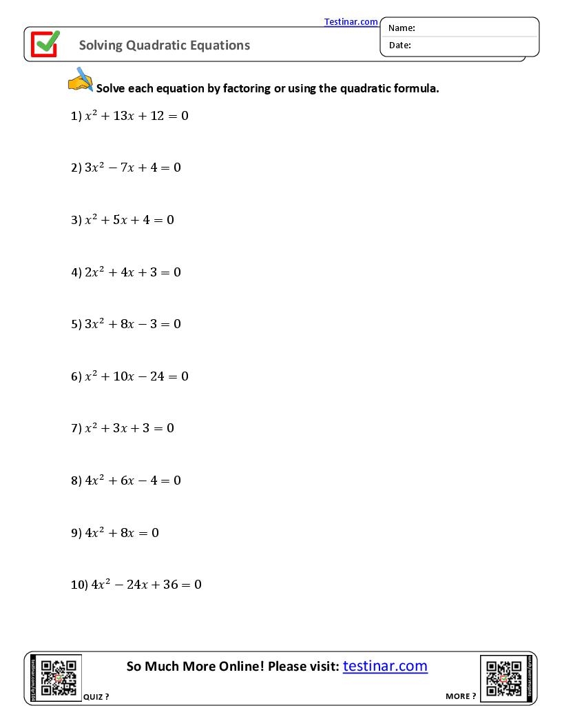 Solving Quadratic Equations Worksheets Worksheets Library