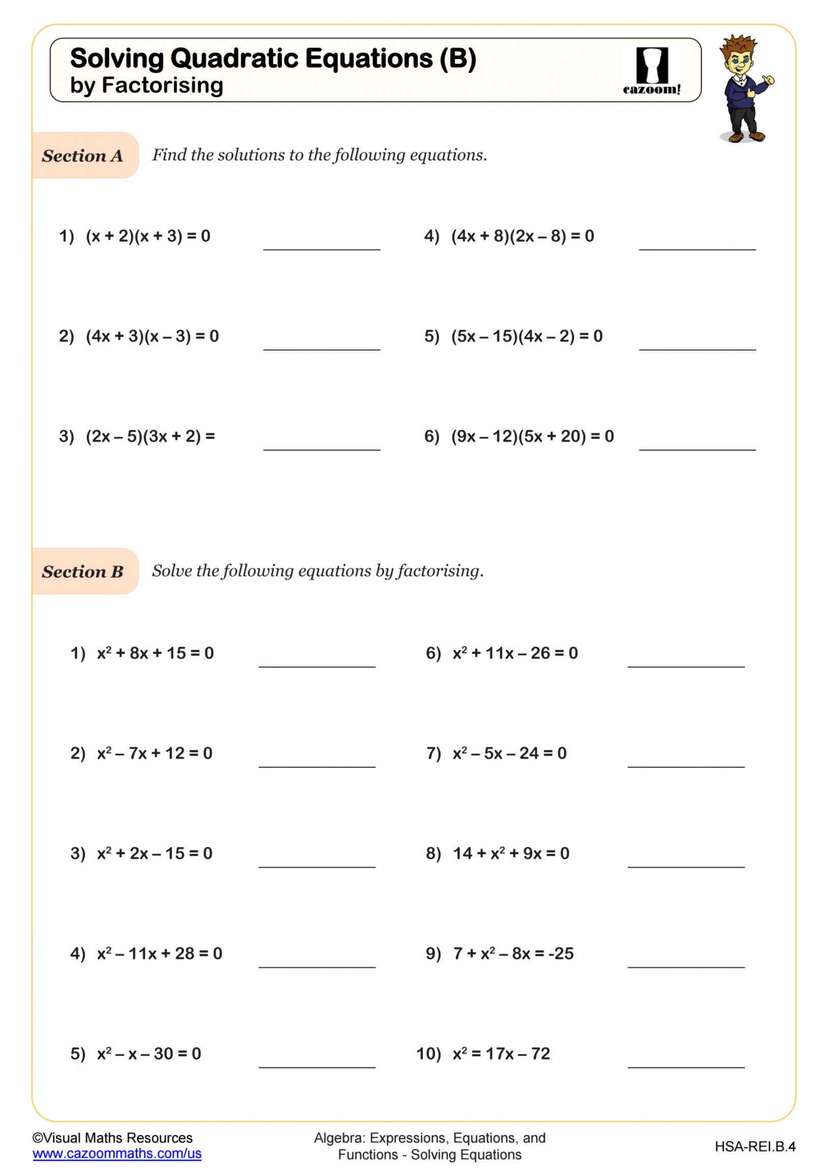 Solving Quadratics Equations By Factoring Worksheet Printable PDF 
