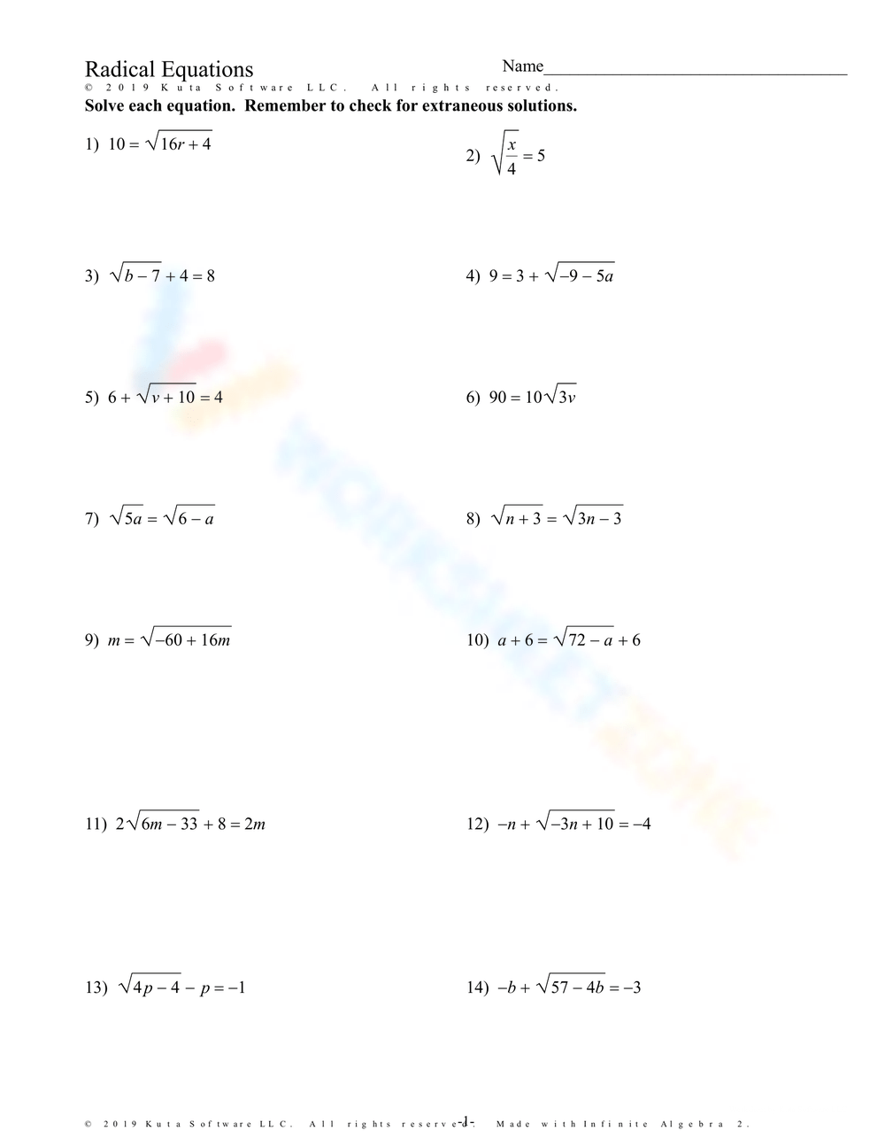 solving radical equations worksheet
