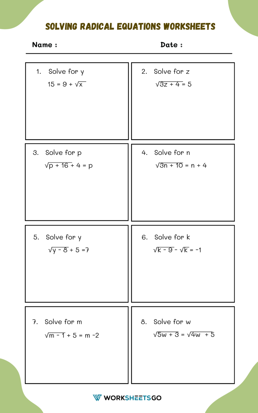 Solving Radical Equations Worksheet