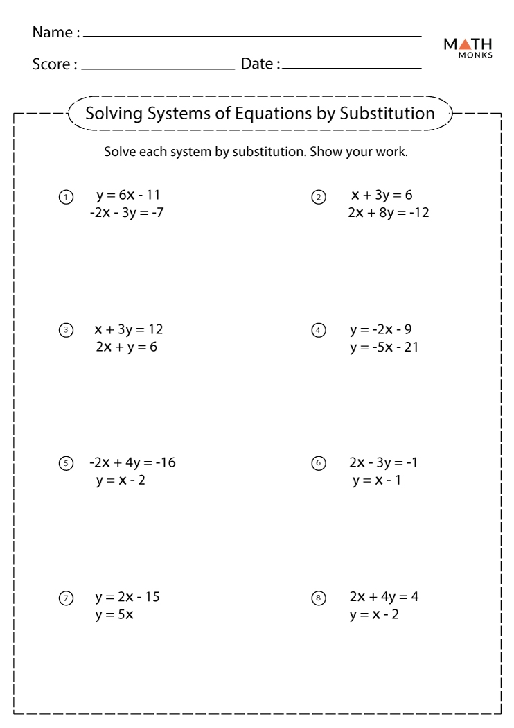 Solving Systems Of Equations By Substitution Worksheets Math Monks Solving Systems Of Equations By Substitution Worksheets Math Monks