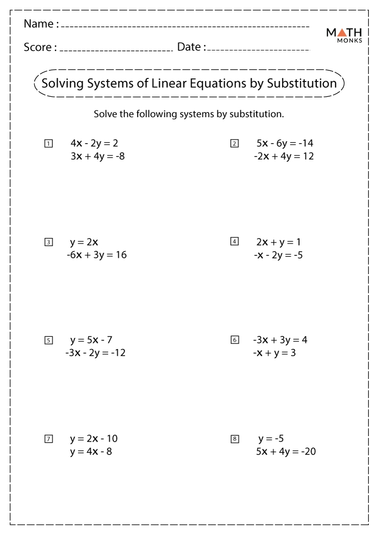 Solving Systems Of Equations By Substitution Worksheets Math Monks Solving Systems Of Equations By Substitution Worksheets Math Monks