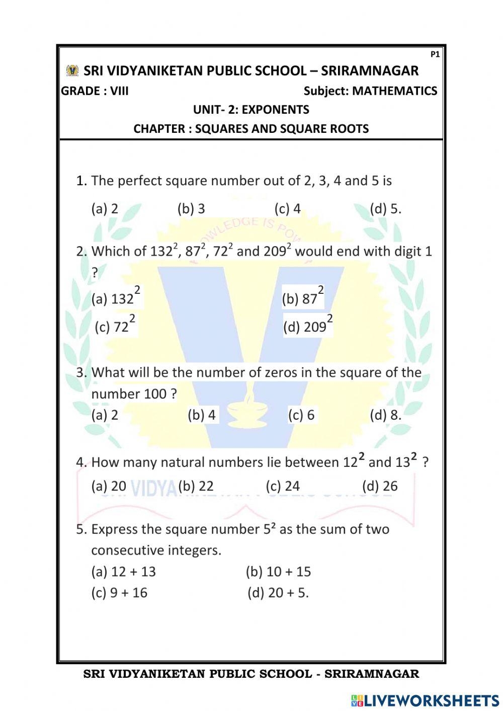 squares and square roots worksheet squares and square roots worksheet