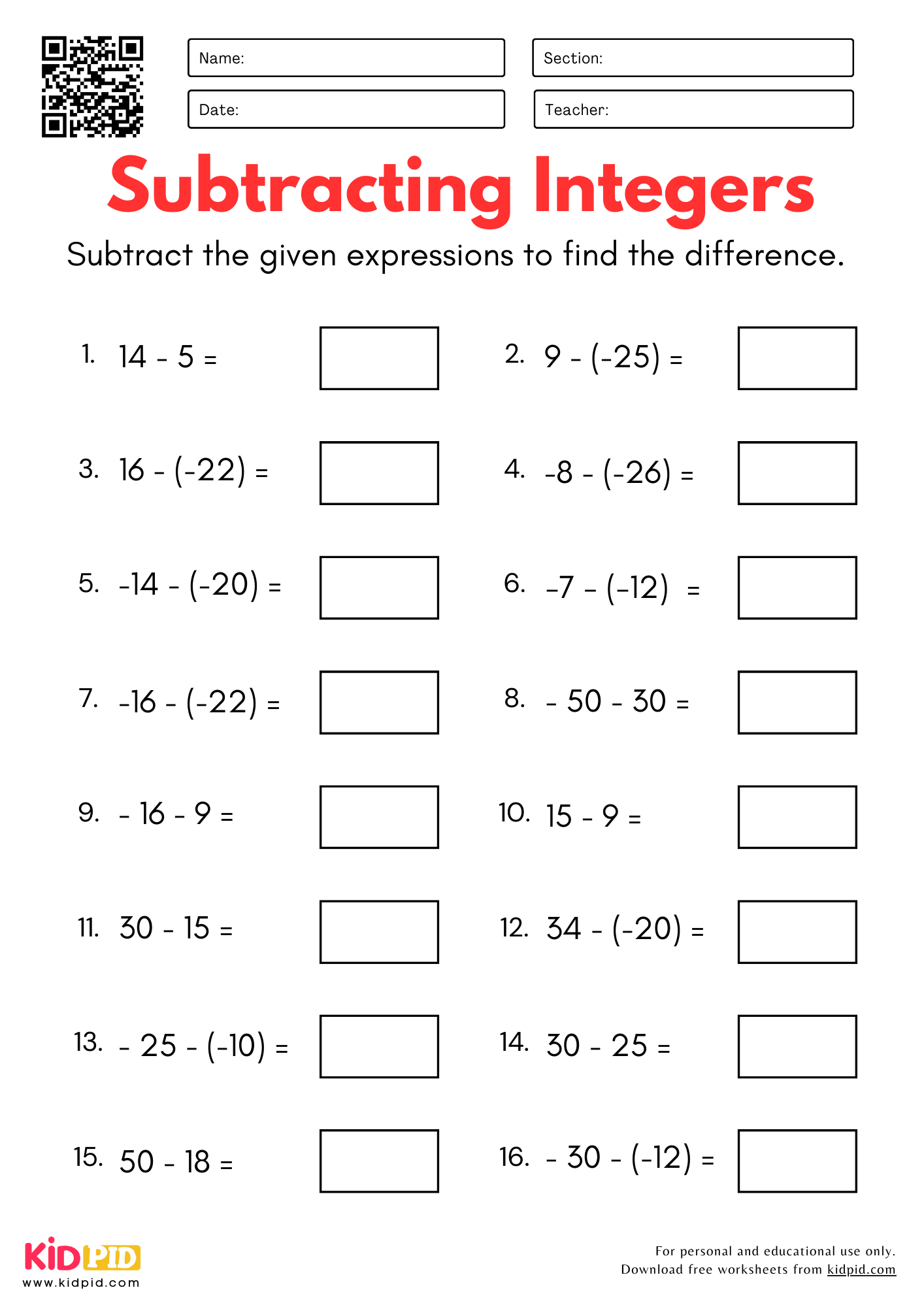 Subtract Integers Worksheet