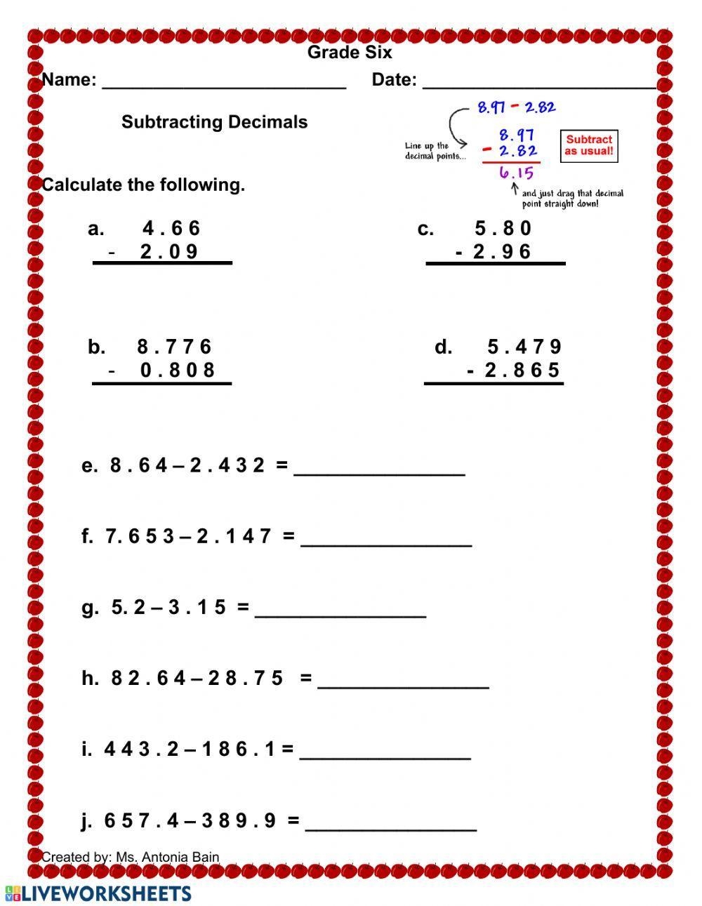 Subtracting Decimals Worksheet Worksheets Library