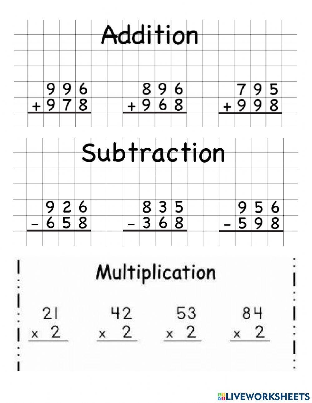 Subtraction addition multiplication division Interactive Worksheet 