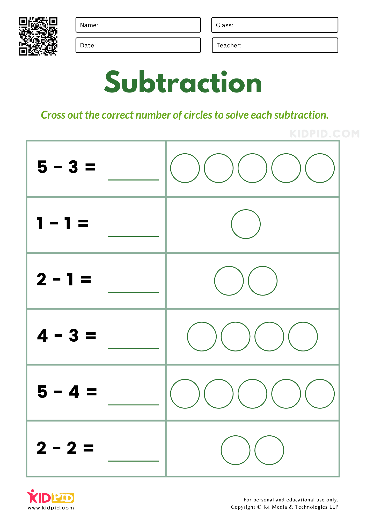 Subtraction Worksheet Kindergarten
