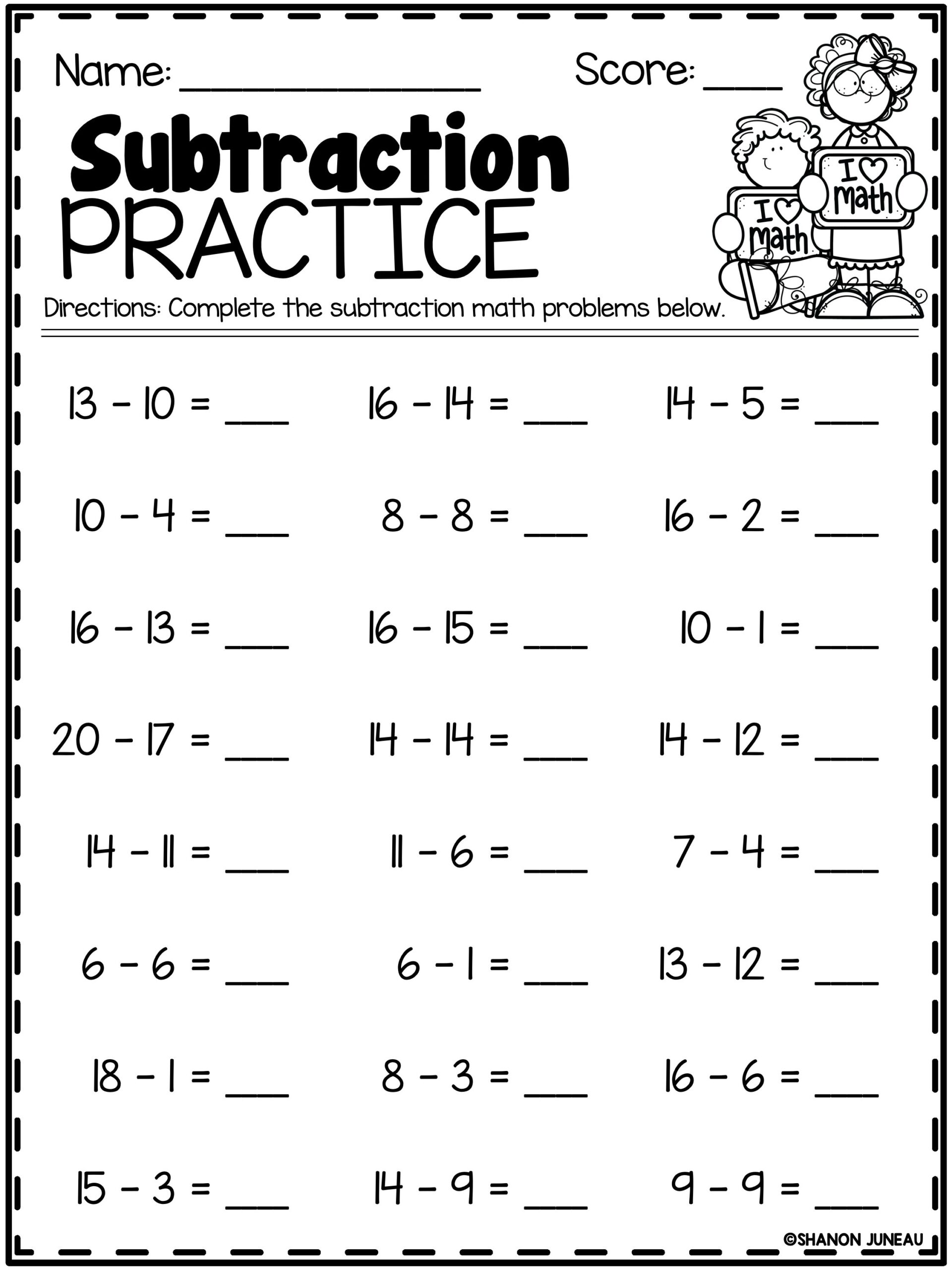 Subtraction Worksheets For 1st Grade