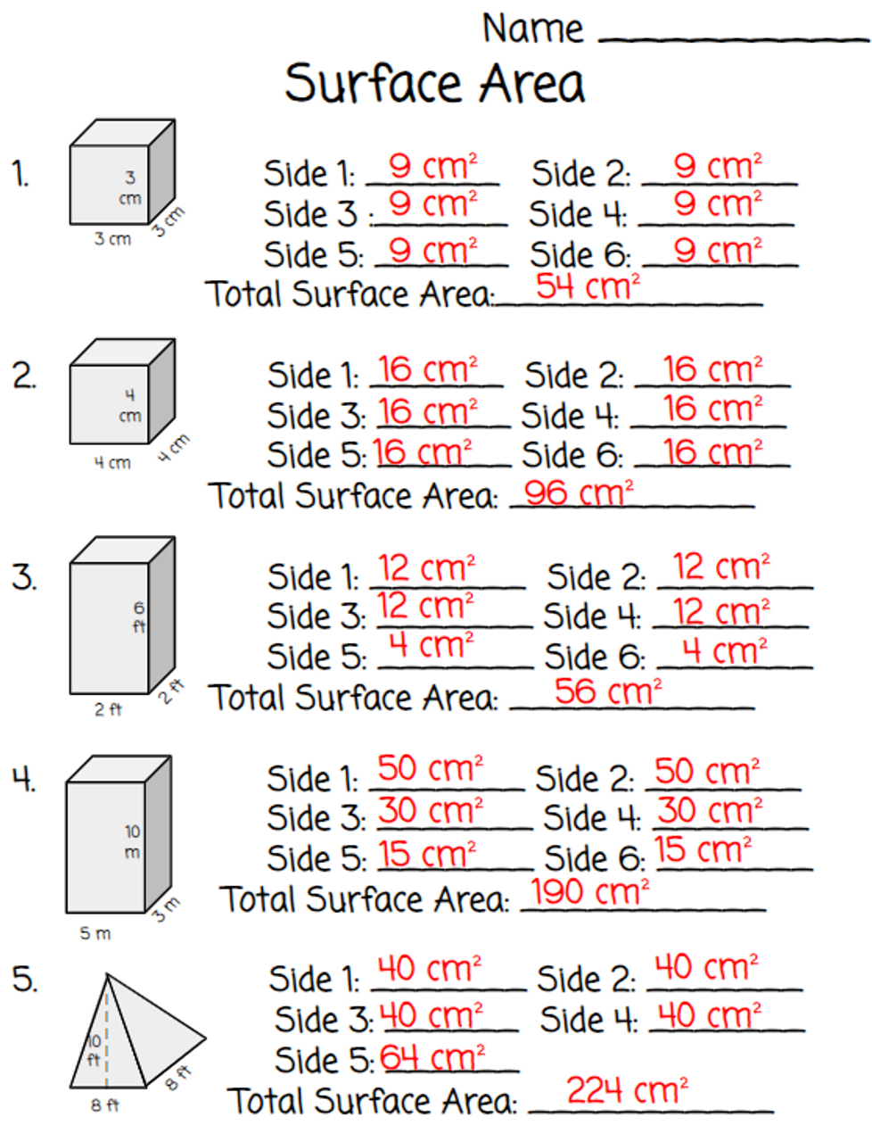 surface area worksheet