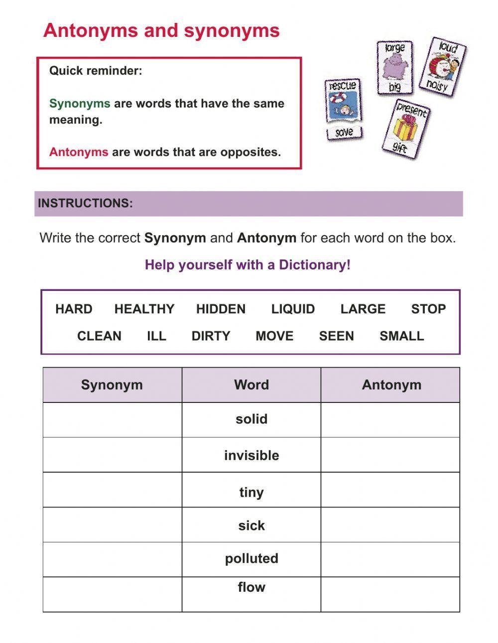 Synonyms And Antonyms Worksheet Pdf