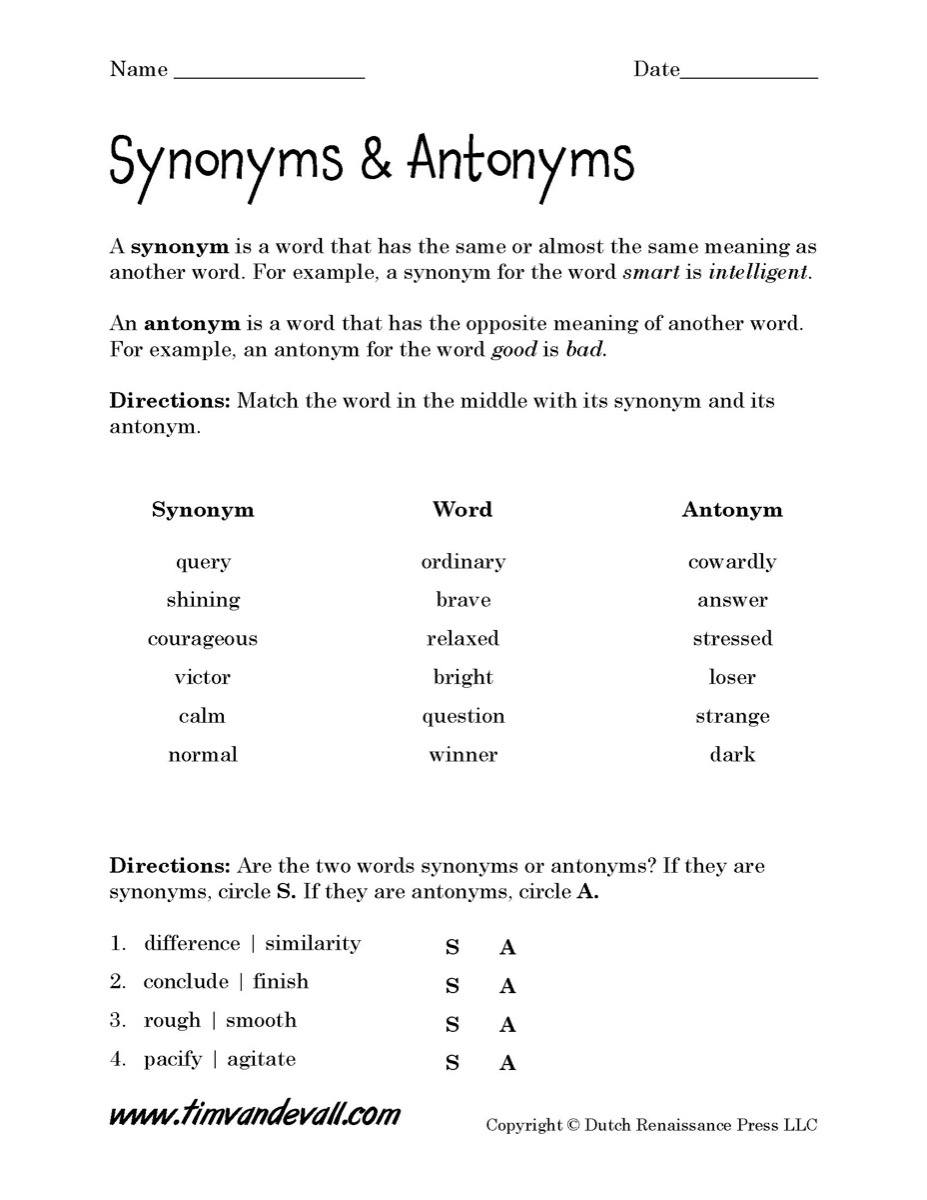 Synonyms And Antonyms Worksheet Tim 39 s Printables