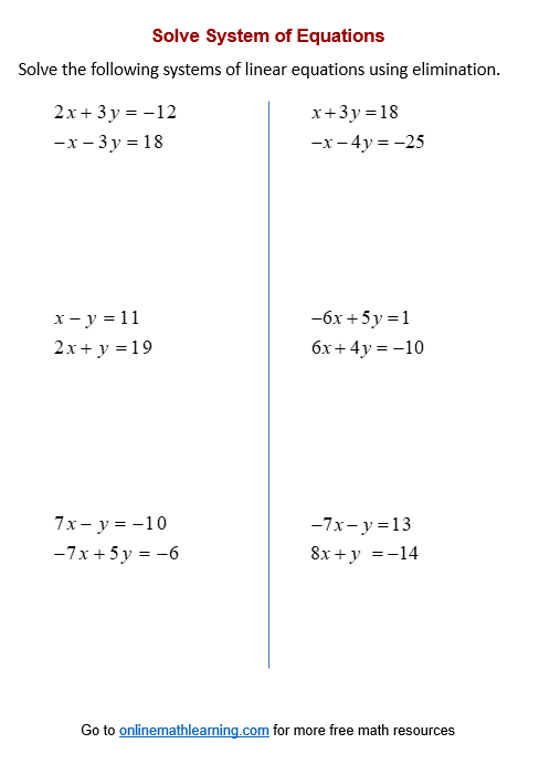 systems of equations worksheet