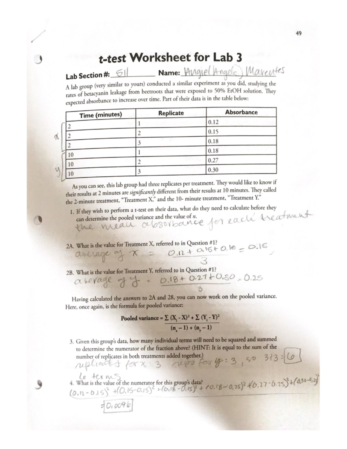 T Test Worksheet For Lab 3 49 Worksheet For Lab 3 Lab Section 511 