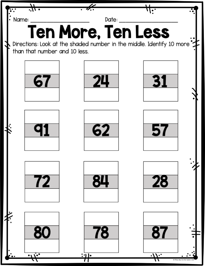 10 more ten less worksheets