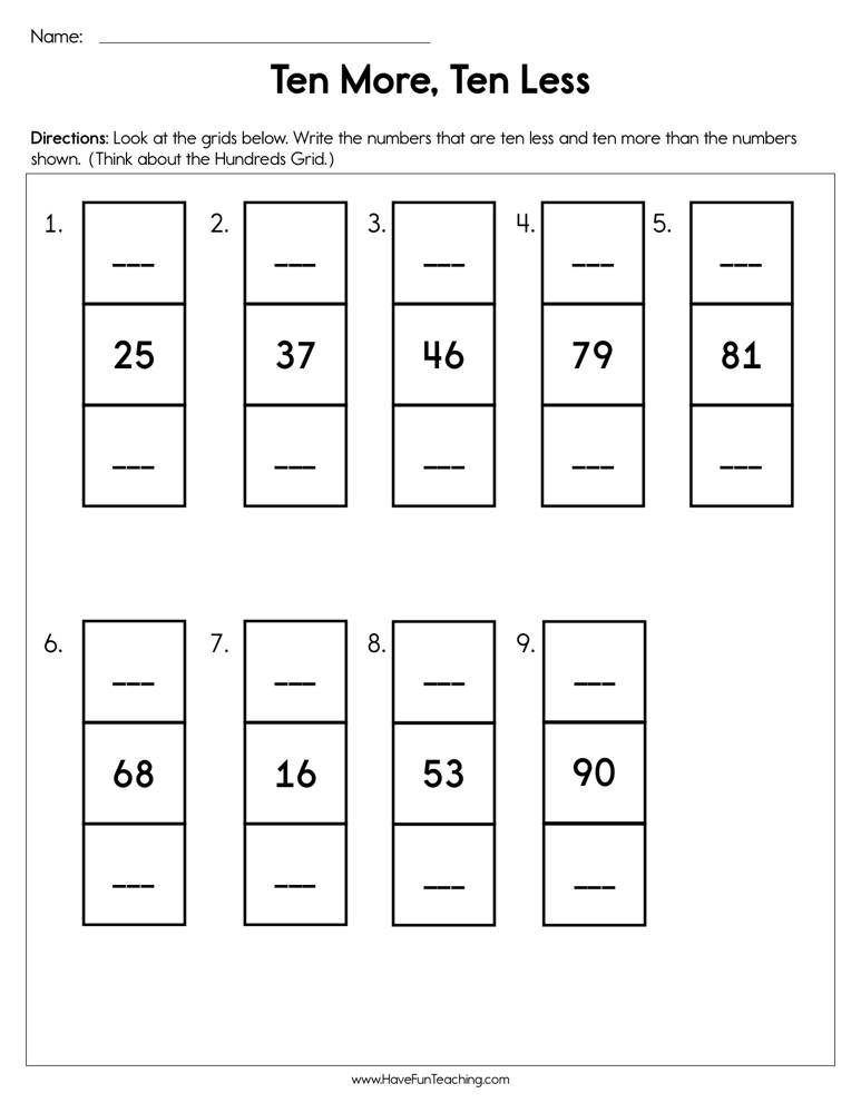 Ten More Ten Less Worksheet By Teach Simple