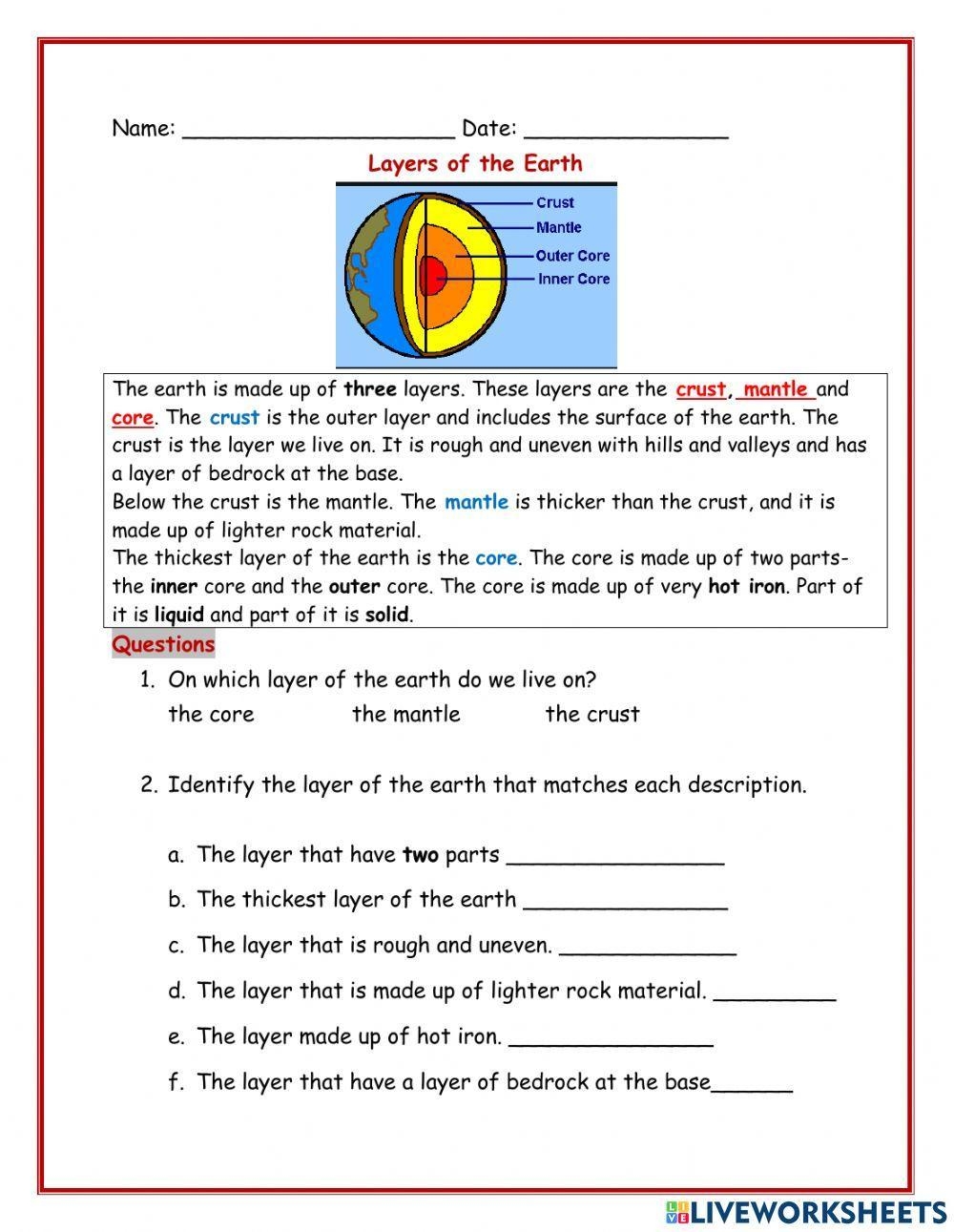 The Earths Layers Worksheet Worksheets Library