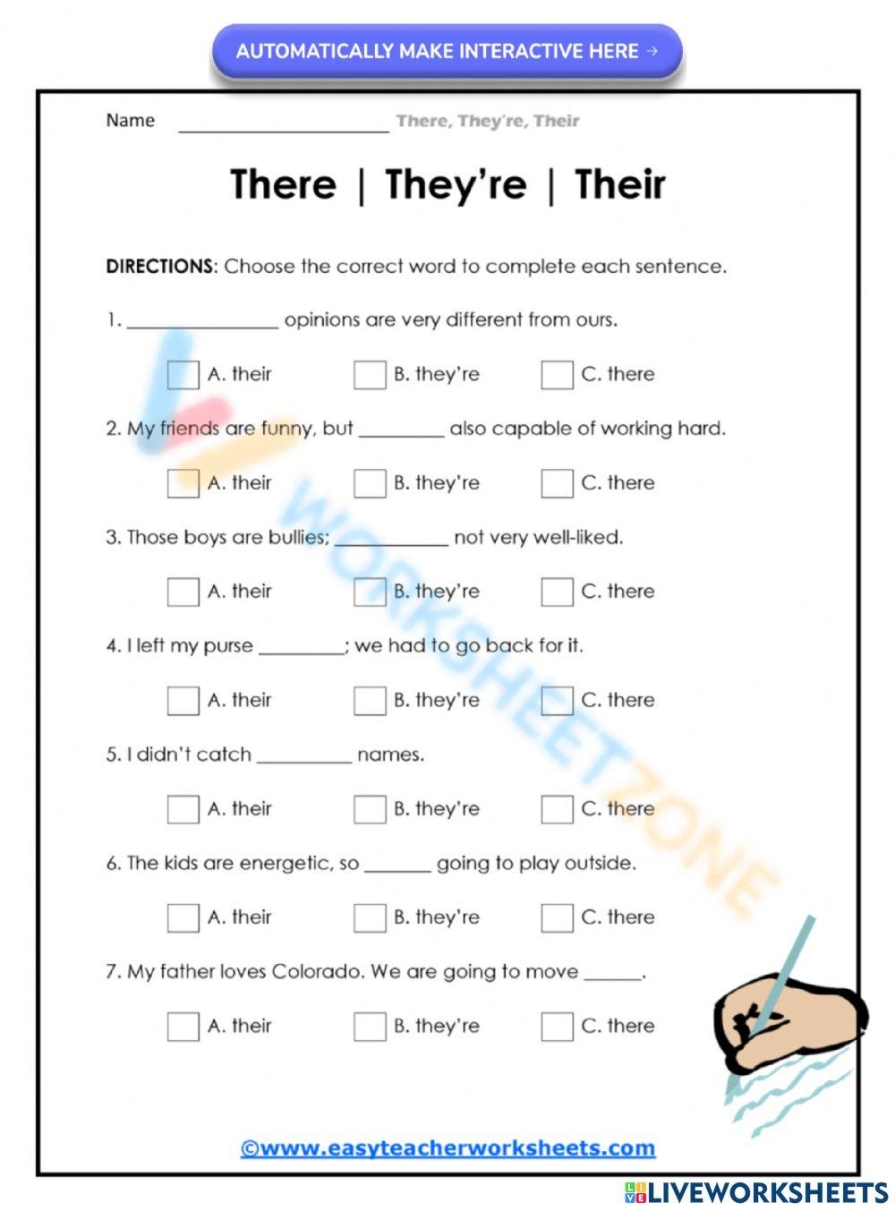 Their There And Theyre Interactive Worksheet Worksheets Library