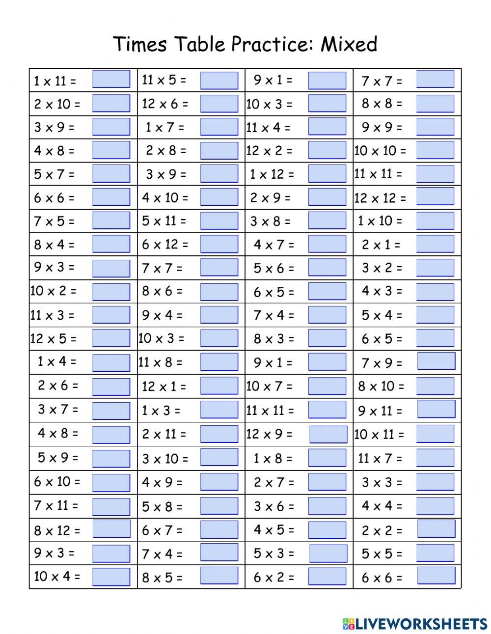 Times Table Practice Mixed 1 12 Worksheet Worksheets Library