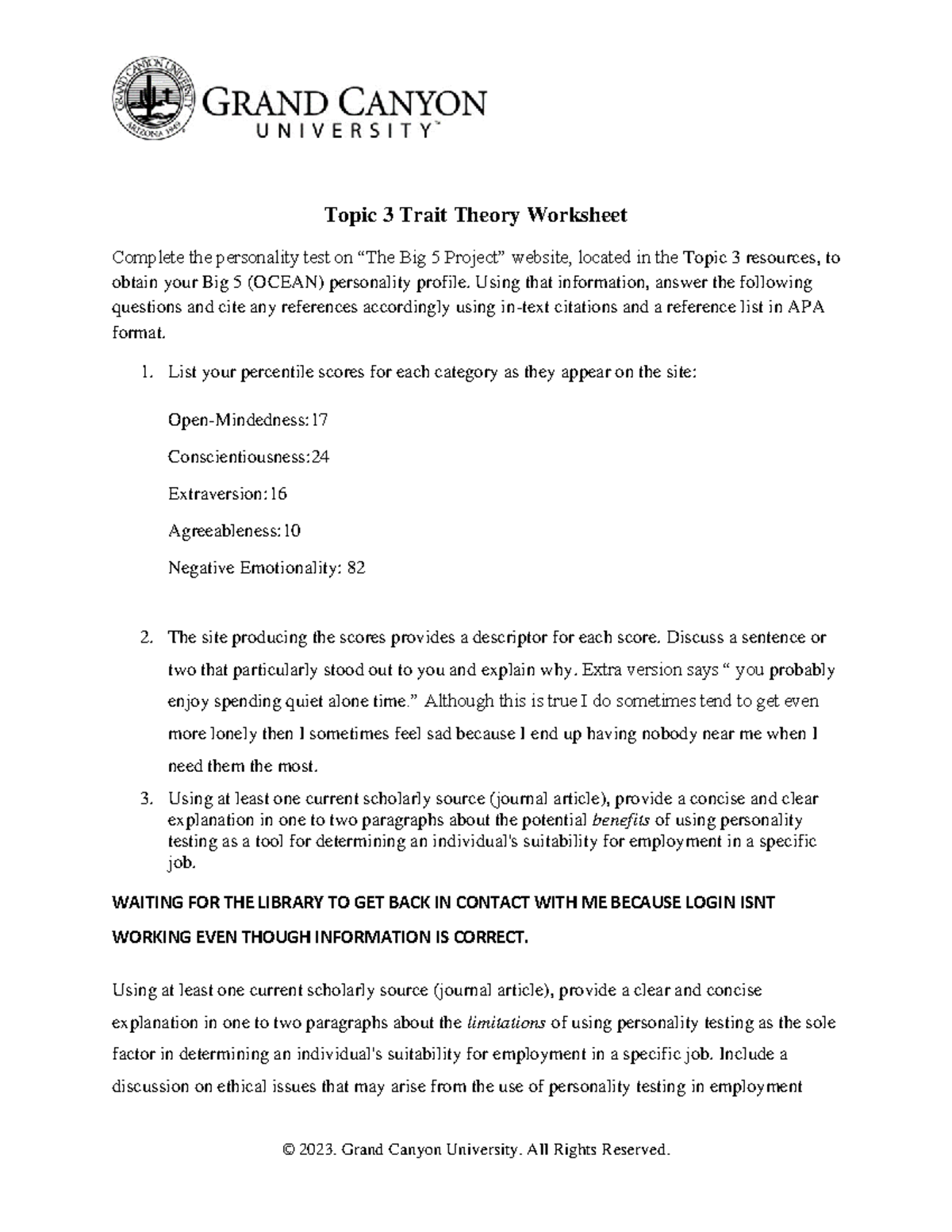 Trait Theory Worksheet 2023 Grand Canyon University All Rights 