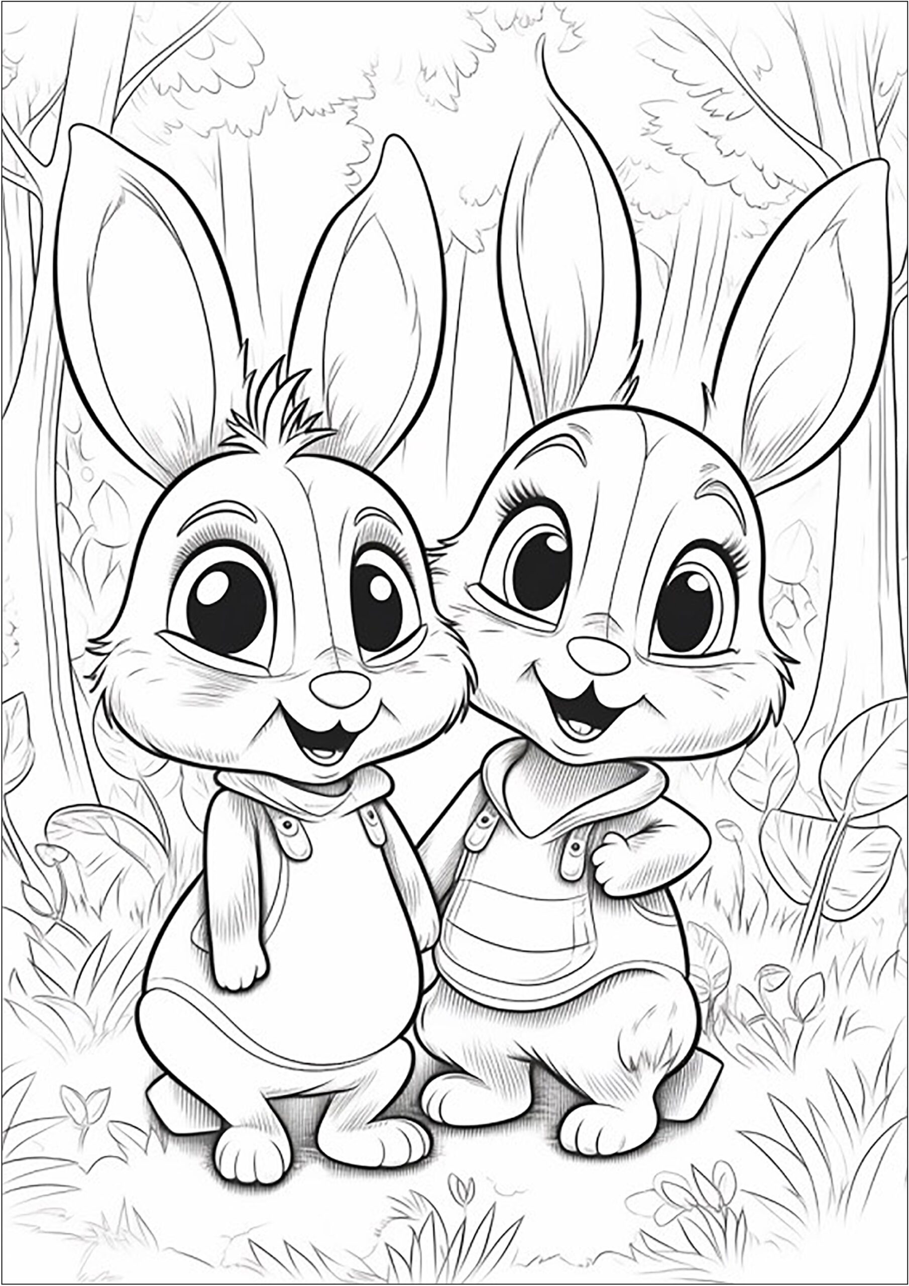 Two Little Rabbits In The Forest 1 Rabbit Bunny Coloring Pages