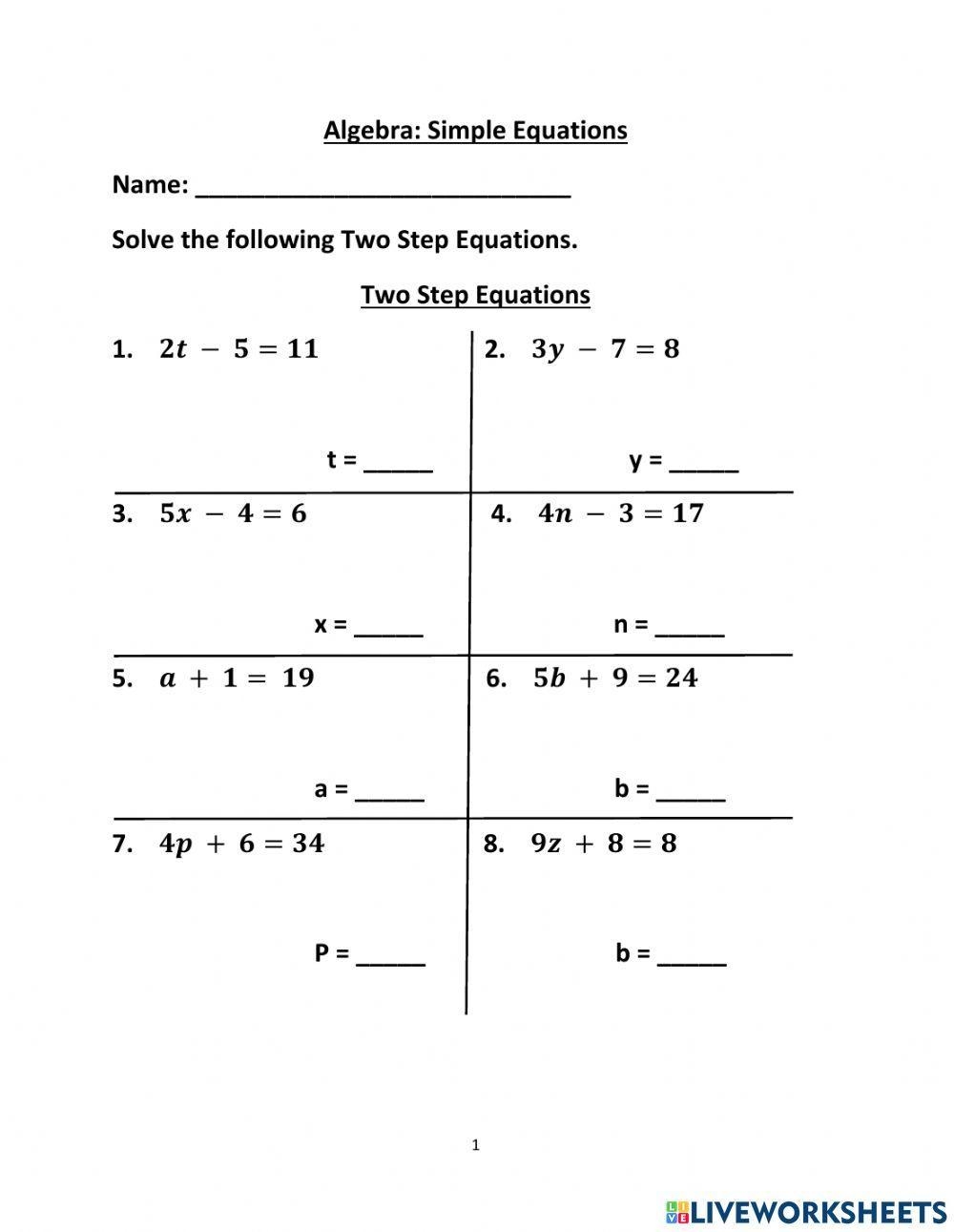 Two Step Equations Exercise Live Worksheets Worksheets Library