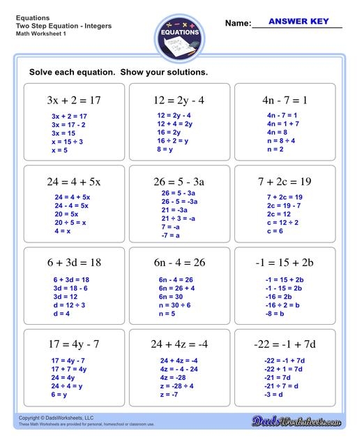 Two Step Equations Math Worksheets Worksheets Library