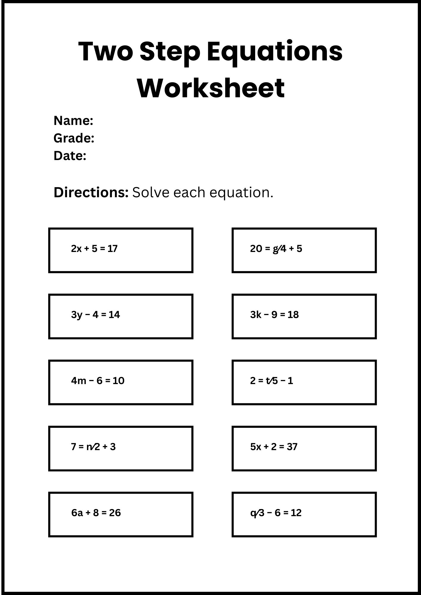 Two Step Equations Worksheet Pdf