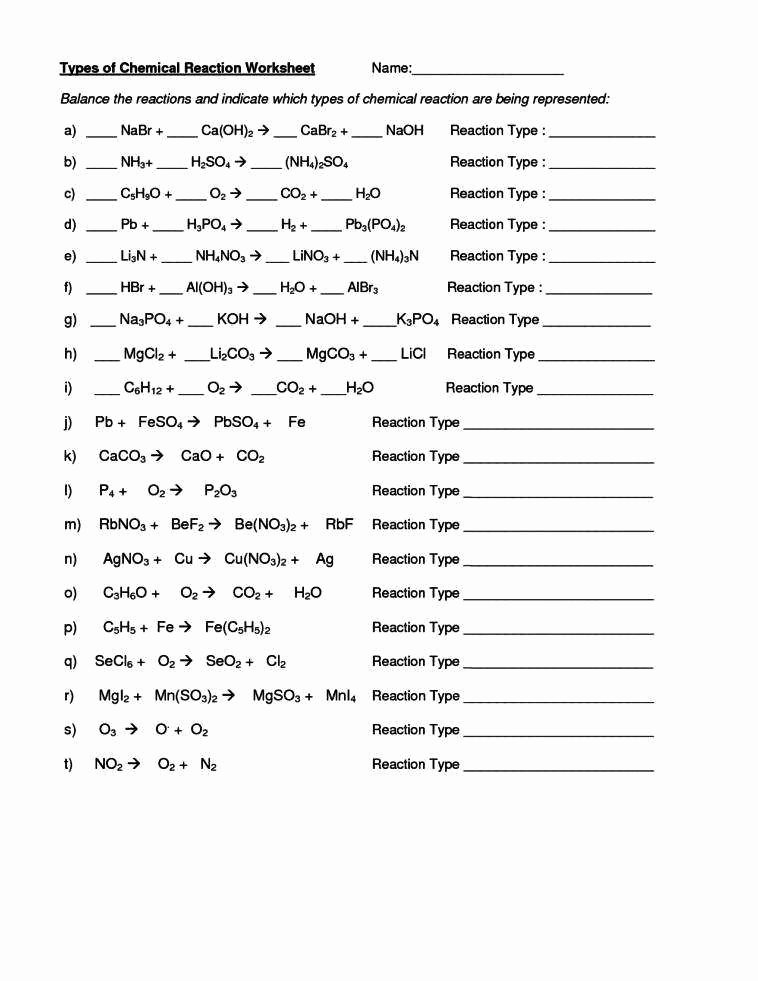 Types Of Chemical Reactions Worksheet Inspirational Reaction Types 