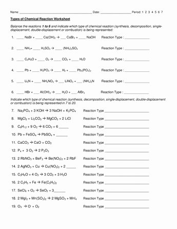 Types Of Reactions Worksheet Fresh Types Reactions Worksheet 